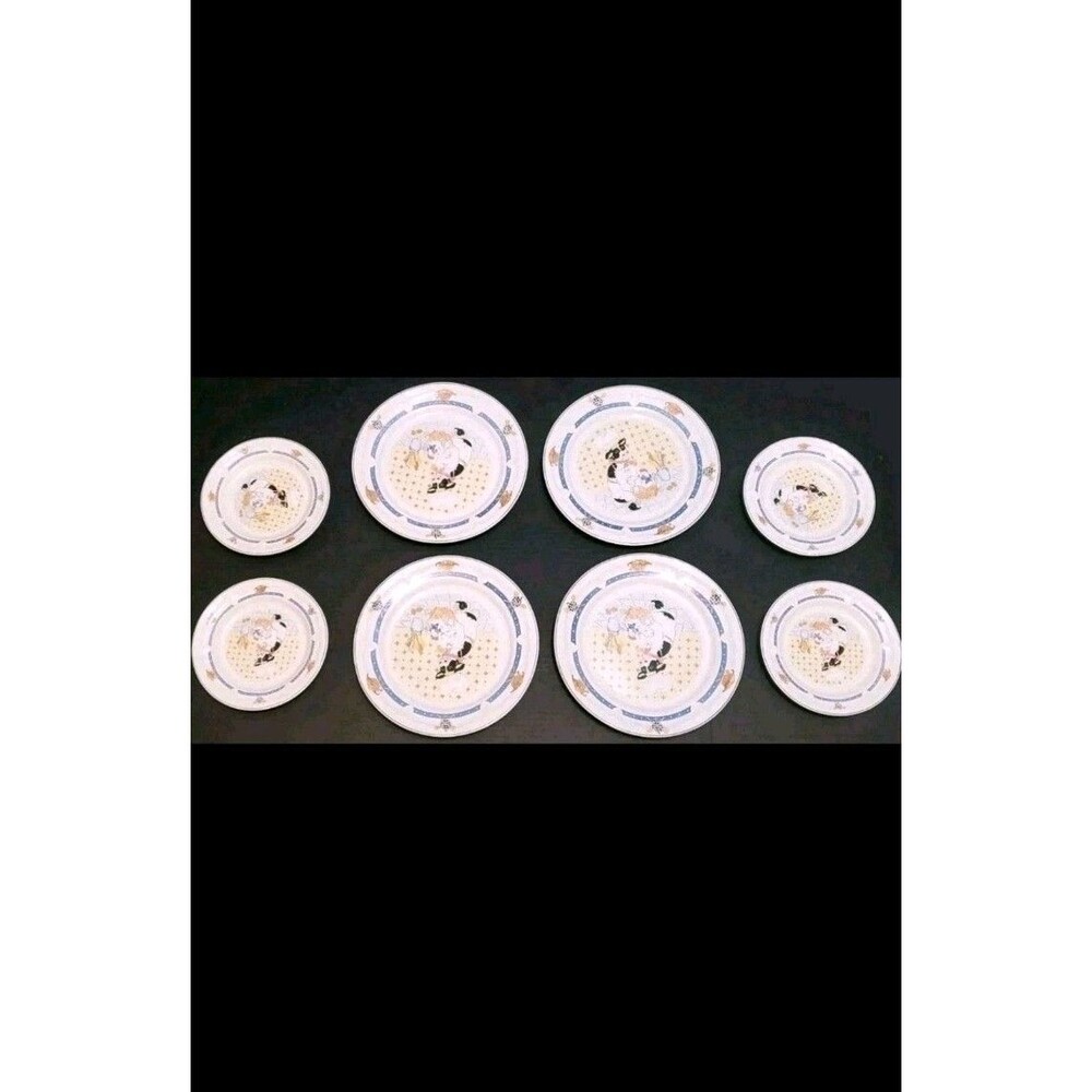 Newcor Kitchen Kow Plates Dinner Lunch Scalloped Edge Cow Chef 8Pc Stoneware